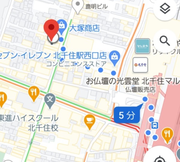 北千住駅からキャバクラ『エンペラー』までの最短経路MAP