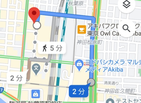 秋葉原駅からキャバクラ『フィフティーファイブ55』への最短経路MAP