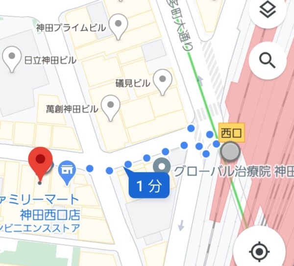 神田駅からキャバクラ『美人茶屋』への最短経路MAP