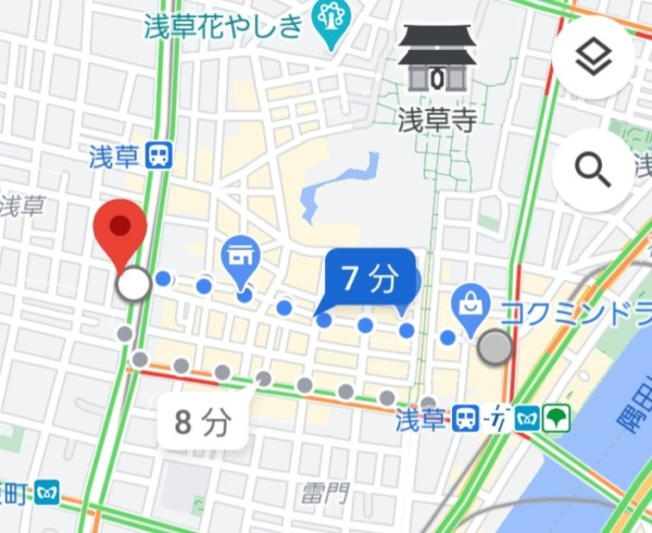 浅草駅からキャバクラ『浅草アサモ』までの最短経路MAP