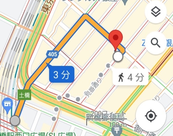 最寄駅（新橋駅）から銀座クラブ「ソシエグラン」への最短経路