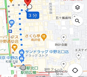 中野駅から中野キャバクラ「アトリエ」への最短ルートMAP1