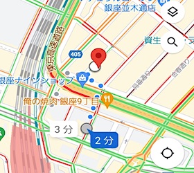新橋駅銀座口から「銀座エフカザパーム」への最短経路MAP