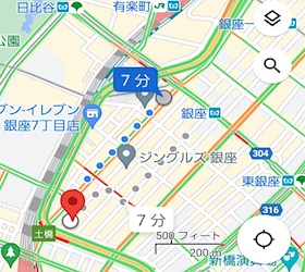 銀座駅から「銀座エフカザパーム」への最短経路MAP