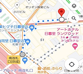 日暮里駅南改札から「日暮里ミダス」への最短経路MAP