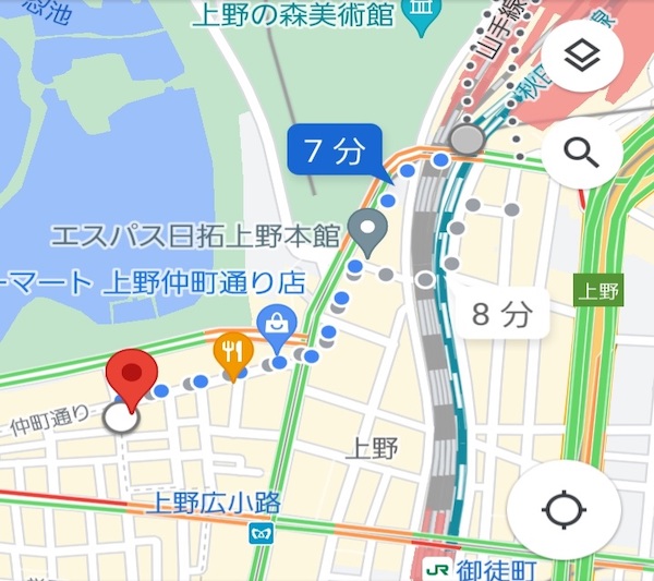 上野駅から「クラス」への最短経路MAP